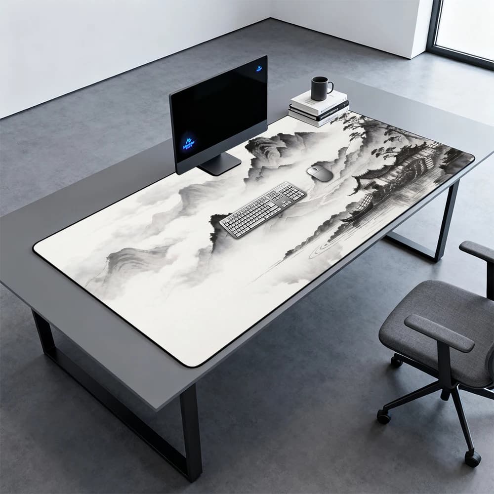 Tappetino per Mouse Cinese Nero e Bianco, Estetico, Grande, Stile Giapponese, 140cm, Accessorio per Ufficio e Lavoro, Tappetino da Gaming 1200x600x5mm