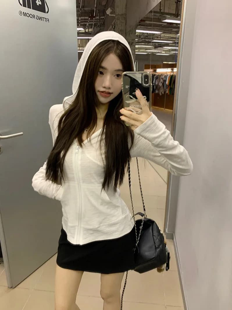 White Hooded Ice Silk Open Cardigan Women's Summer Thin Waist-Cinching Short Casual Yoga Sportswear Top Thin Long Sleeve