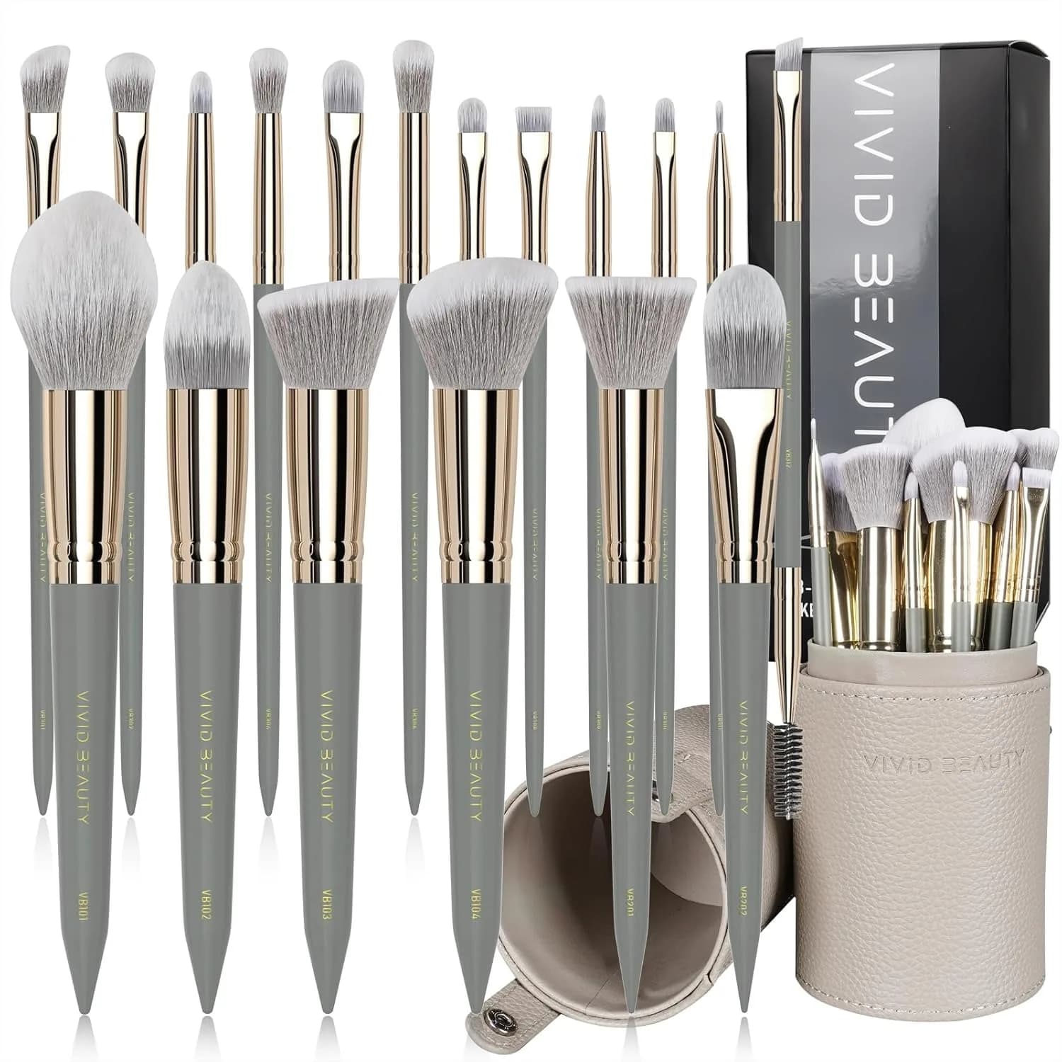 Set di 18 Pennelli per Trucco Viso e Occhi con Custodia da Viaggio, Manici in Legno Naturale, Setole Sintetiche Ultra Morbide, Professionali