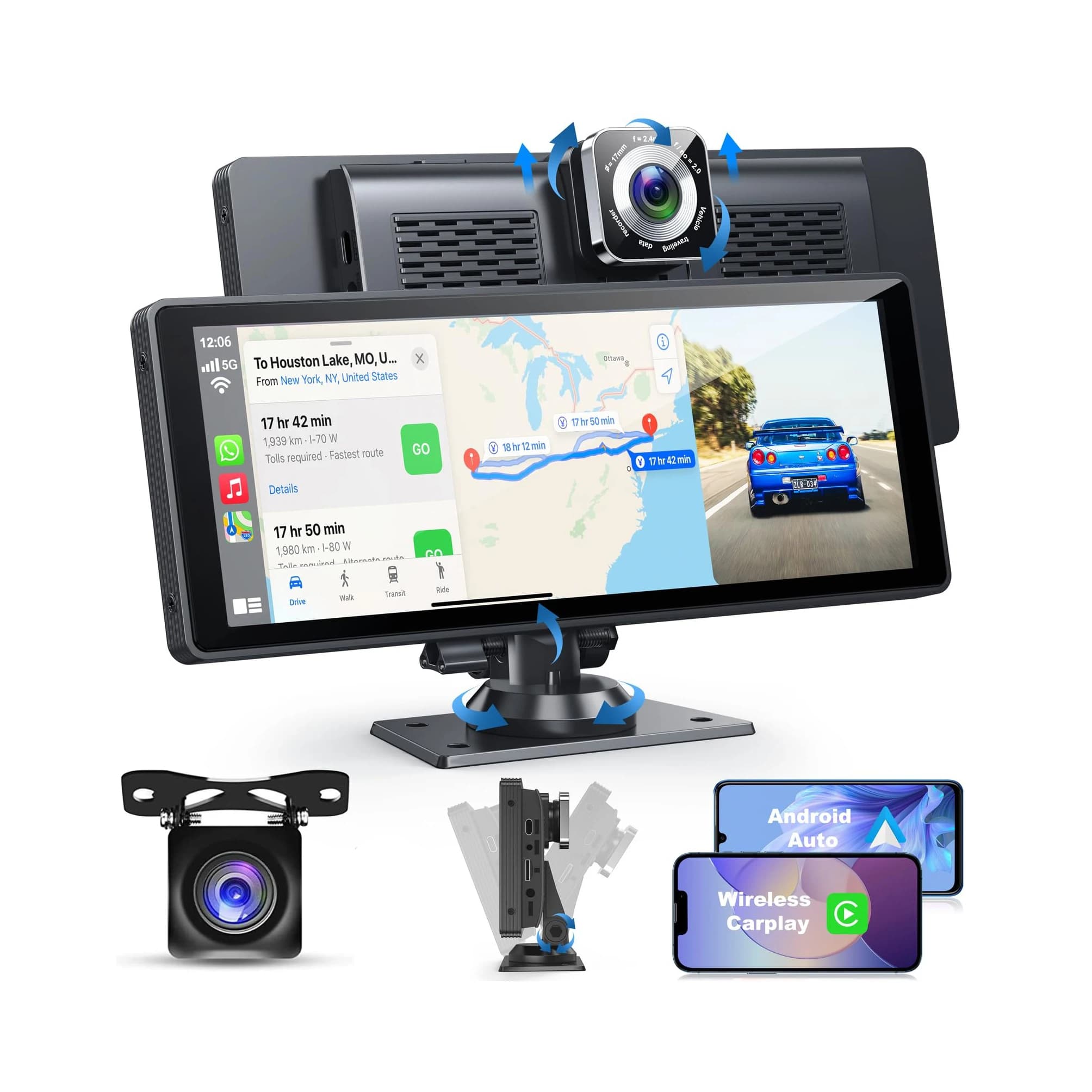 Lettore per auto portatile con schermo da 10,26 pollici 2 Din Car Dual Lens Telecamera anteriore e posteriore Dash Cam con Carplay