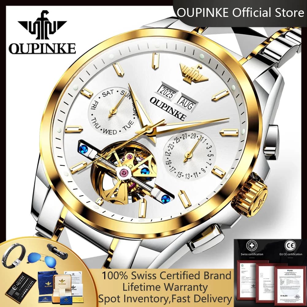 OUPINKE 3290 Automatic Watches Luxury Skeleton Flywheel Mechanical Watches for Men Date Waterproof Luminous Business Man Watch