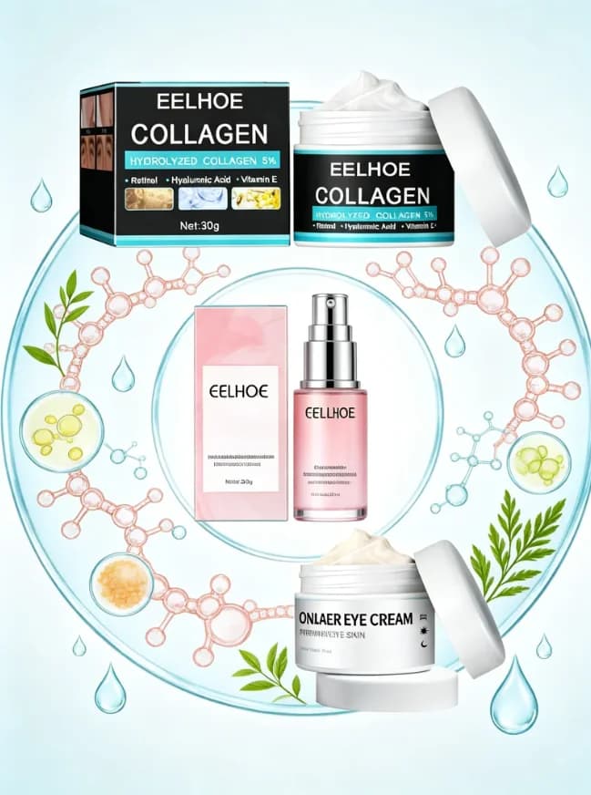 EELHOE 3in1 Skincare Set - 5% Collagen Cream, Vitamin C&E Serum, Under Eye Cream - Anti-Wrinkle, Firming, Hydrating - Retinol &