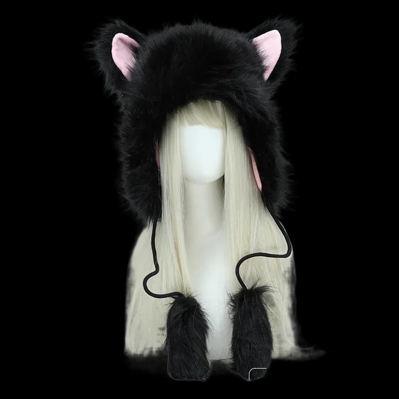 Y2k Beanie for Women Girls Caps Cat Ears Winter Warm Handmade Flush Hats Pompom Cosplay Party Performance Costume Headpiece