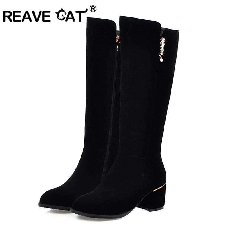 REAVE CAT Primavera Autunno Stivali alti al ginocchio Pelle scamosciata Punta tonda Strass Donna 2022 Tacchi grossi Piccolo Grande 32-52 S2410