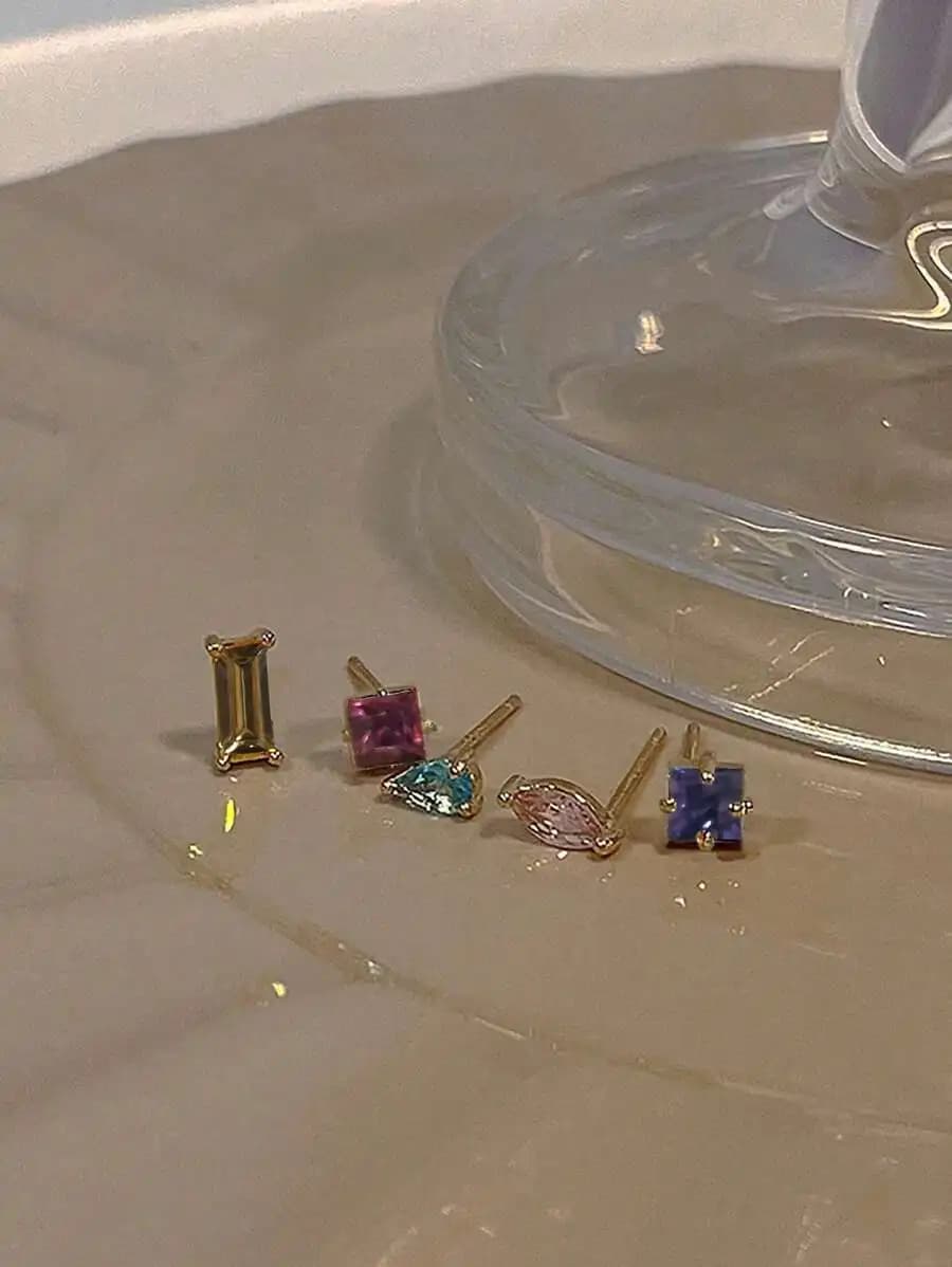 5pcs Rhinestone Stud Earrings Set Geometric Shape Colorful Fashion Jewelry