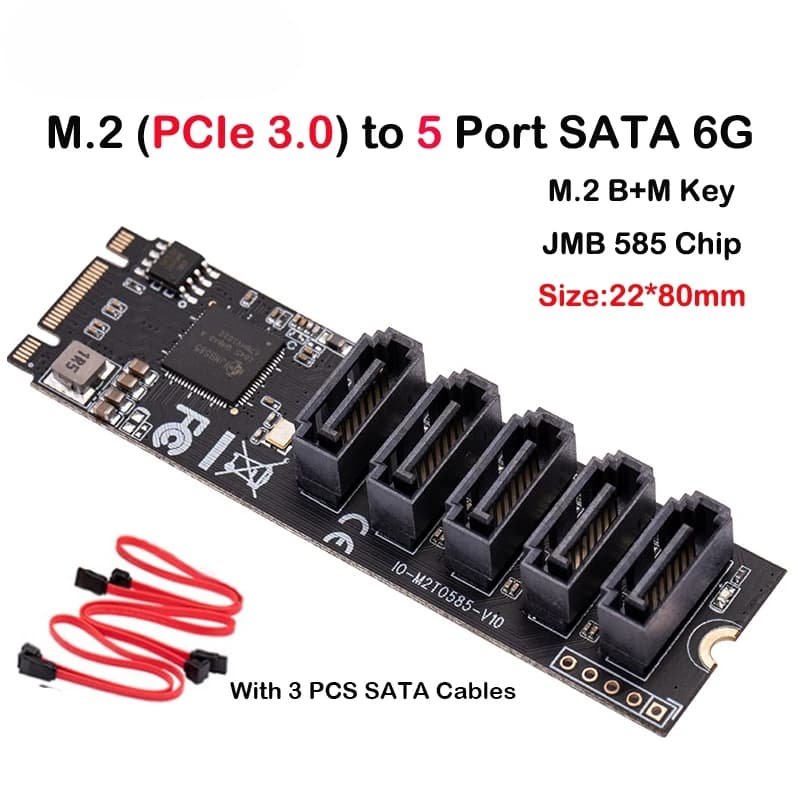 Adattatore SSD da M.2 a 5 porte SATA III 6G con cavo SATAIII supporto UEFI PCIe 3.0 Gen3x2 Chip Jmb 585 non RAID per chiave B Chiave M