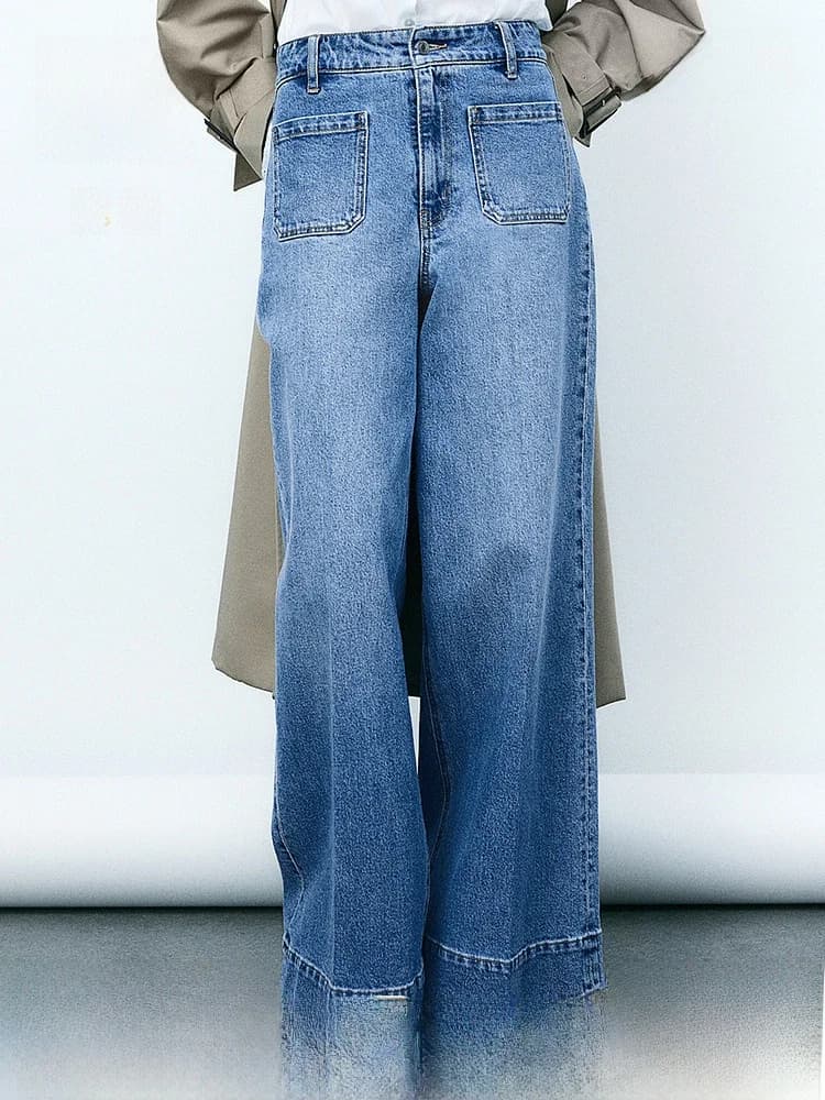 Jeans a Gamba Larga da Donna H&M, Vita Alta, Taglio Dritto, Denim alla Moda, Pantaloni Lunghi Casual in Misto Cotone e Poliestere
