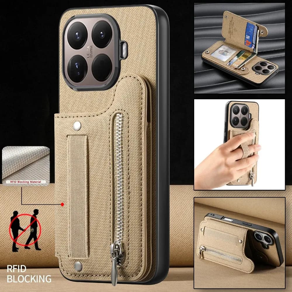 Zipper Card Holder Solt Wallet Leather Case For Xiaomi 17 15 Pro Max 17T 15T Pro Pocket Magnetic Double Buckle Cover Wrist Strap