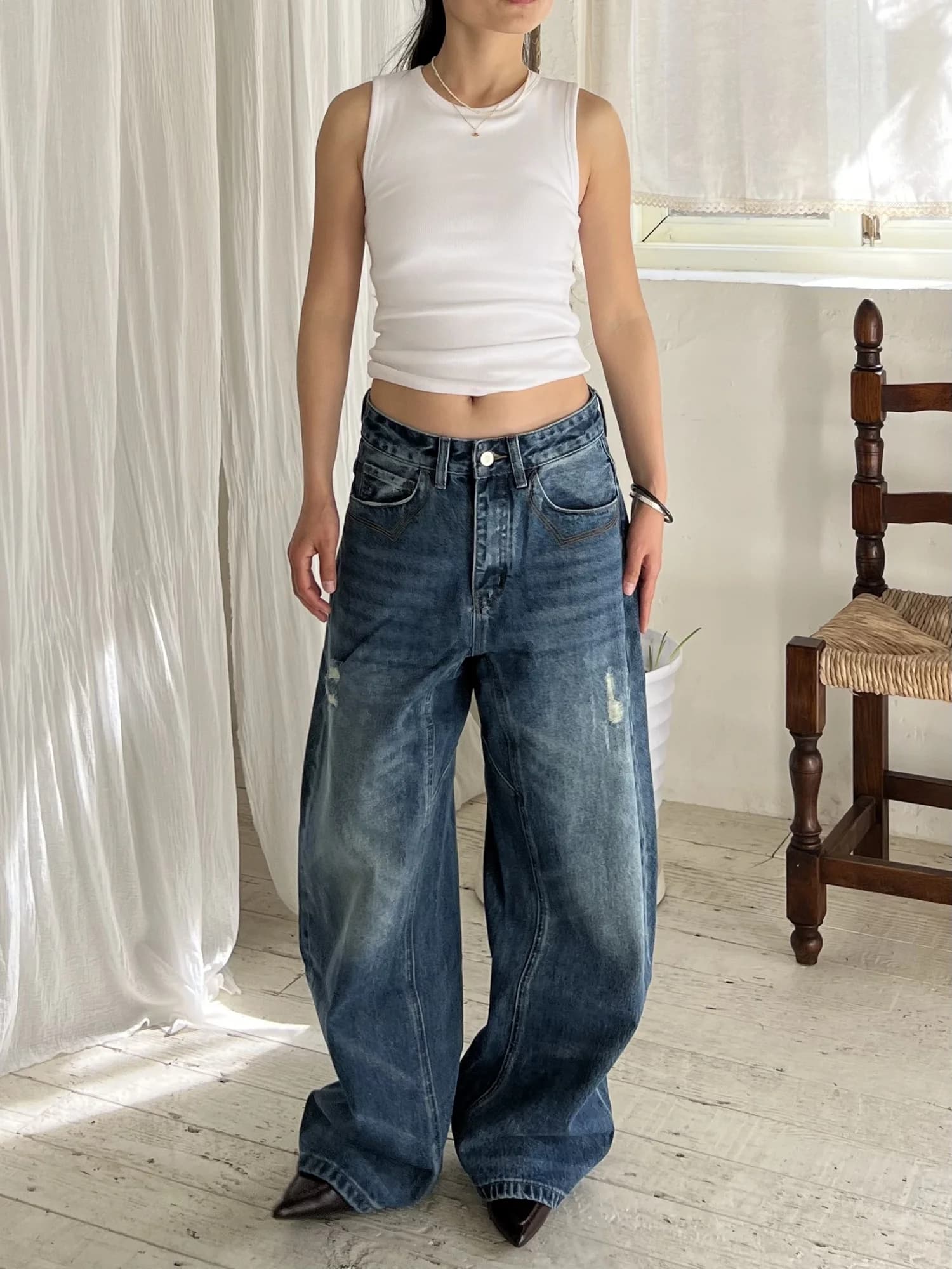 Jeans a Gamba Larga Modellanti DINA2026 Nuovi Estivi Fatti a Mano Resistenti all'Usura Stile Casual Vita Naturale in Denim di Cotone