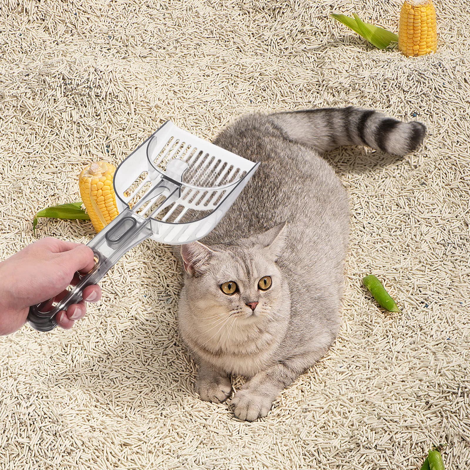 Grande Paletta per Lettiera per Gatti Resistente con Design a Maglia Fine per Pellet di Tofu e Pino, Manico Ergonomico Lungo in Plastica Robusta