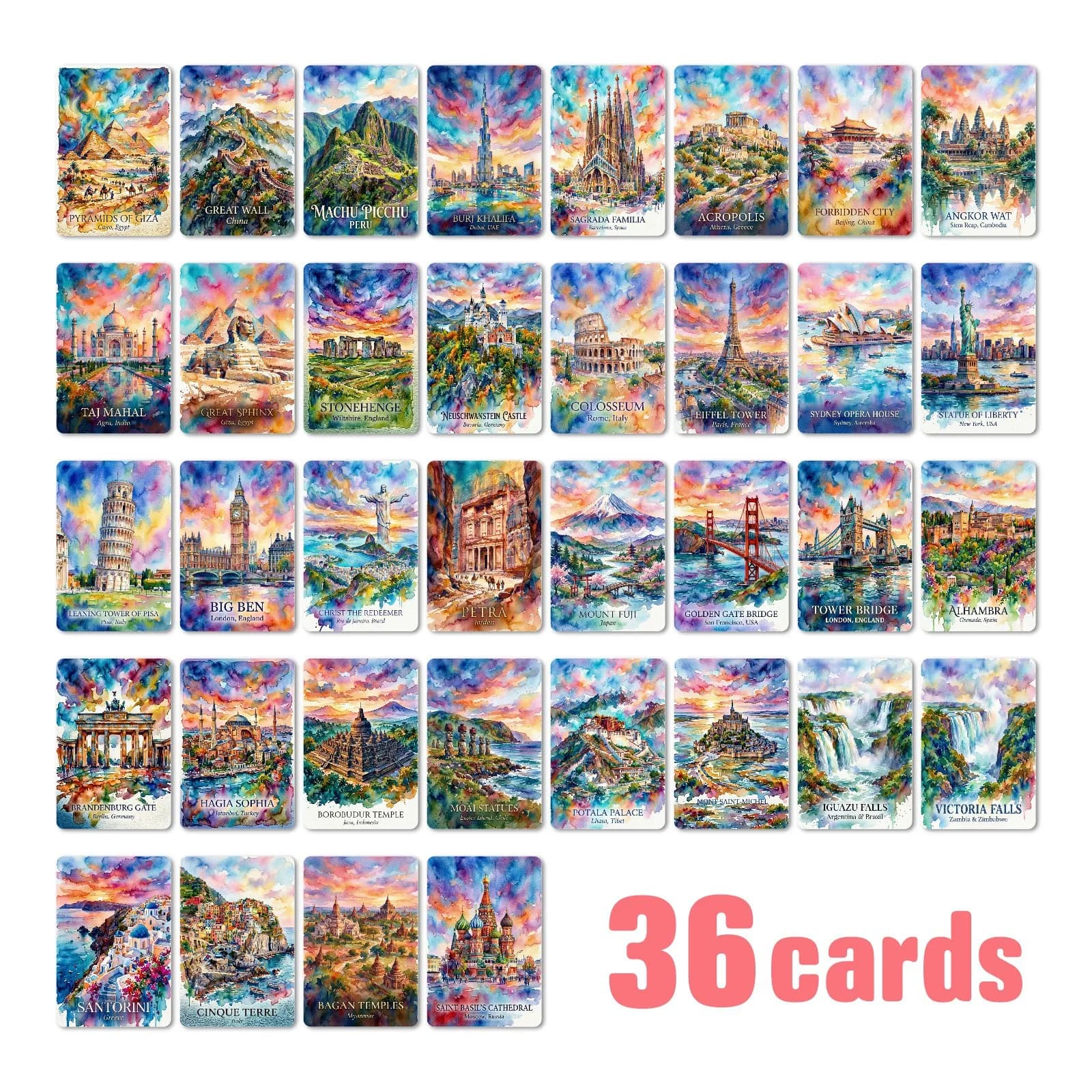 36 Carte Decorative con Monumenti Famosi del Mondo, Paesaggi e Edifici Storici, Collezione Regalo