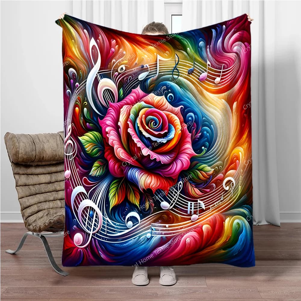 Coperte da campeggio soffici in flanella con design floreale e note musicali multicolori per bambini, divano, coperta sottile, regalo di moda