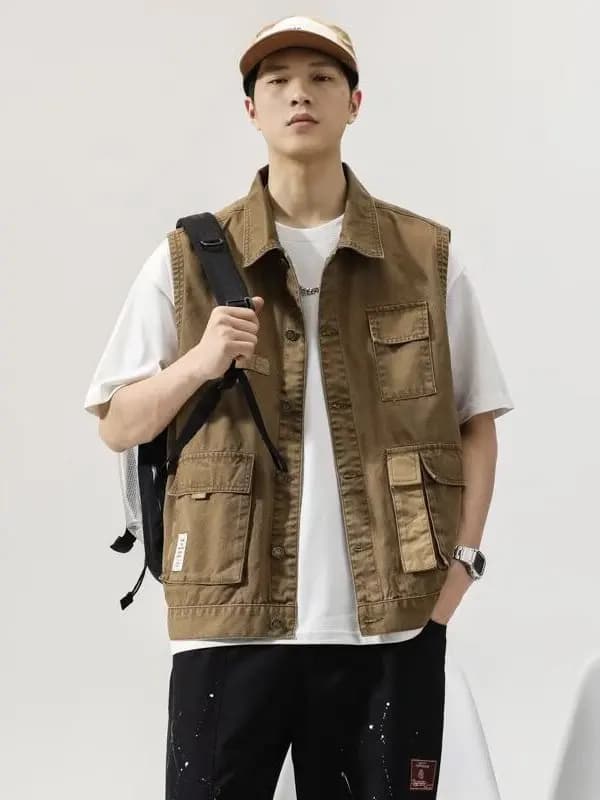 American Retro Workwear Denim Vest Men's Collar Trendy Brand Multi-Pocket Functional Loose Men's Shoulder Pad Vest Jacket