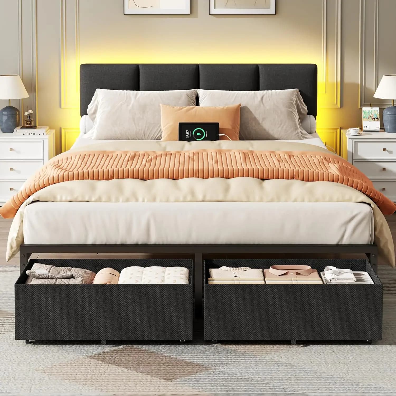 Upholstered Queen Bed Frame with Storage Drawer & Charger, LED Light, Metal Platform, Noise Free, Easy Assembly, No Box Spring,