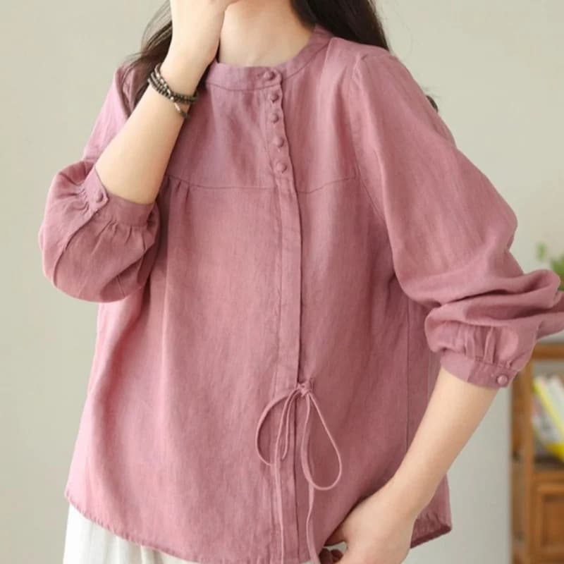 Women's Linen Blouse Stand Collar Lantern Sleeve Drawstring Waist Casual Shirt