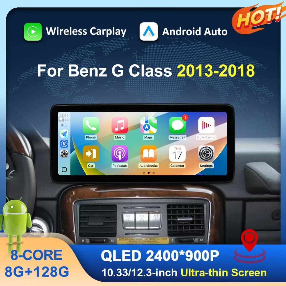 GPS Navi Per Mercedes Benz Classe G 2013-2018 Wireless Carplay Android Auto BT WiFi 4G DSP Schermo QLED da 12,3 pollici Guida a sinistra