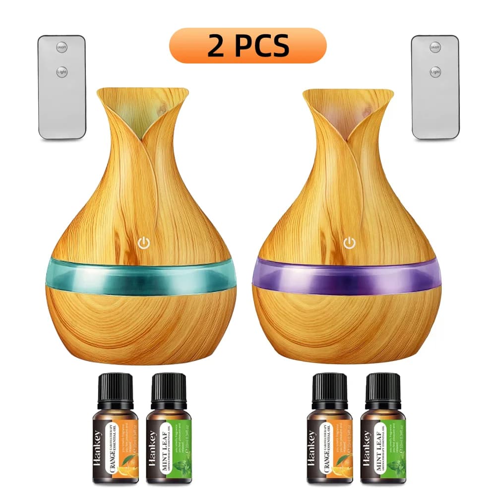 Diffusore umidificatore a 2 pezzi con telecomando, aromaterapia ultra silenziosa, luce notturna a 7 colori e 4 flaconi di oli essenziali