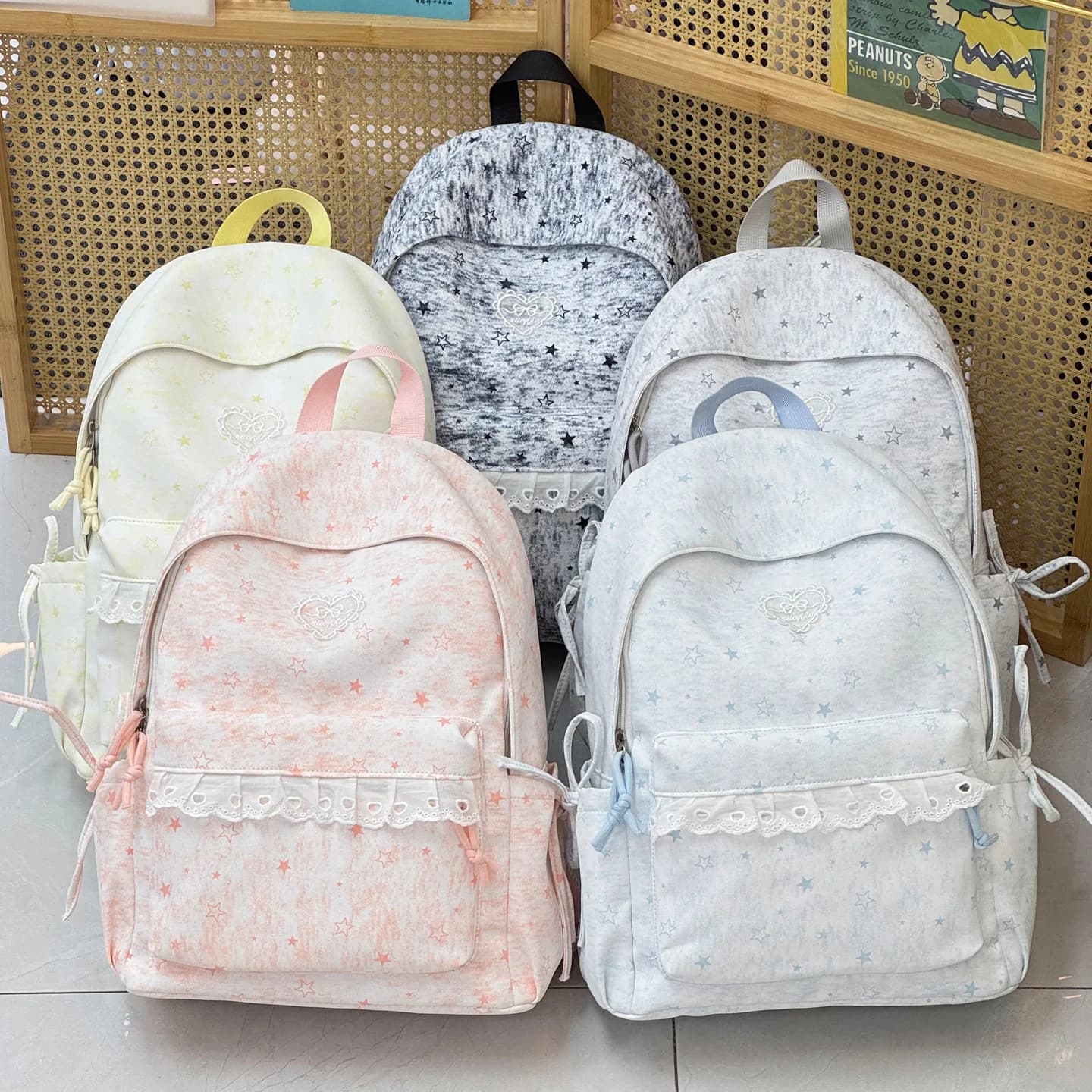 Compact nylon fabric five-pointed star backpack for girls, cute pendant for school bag, quirky travel backpack