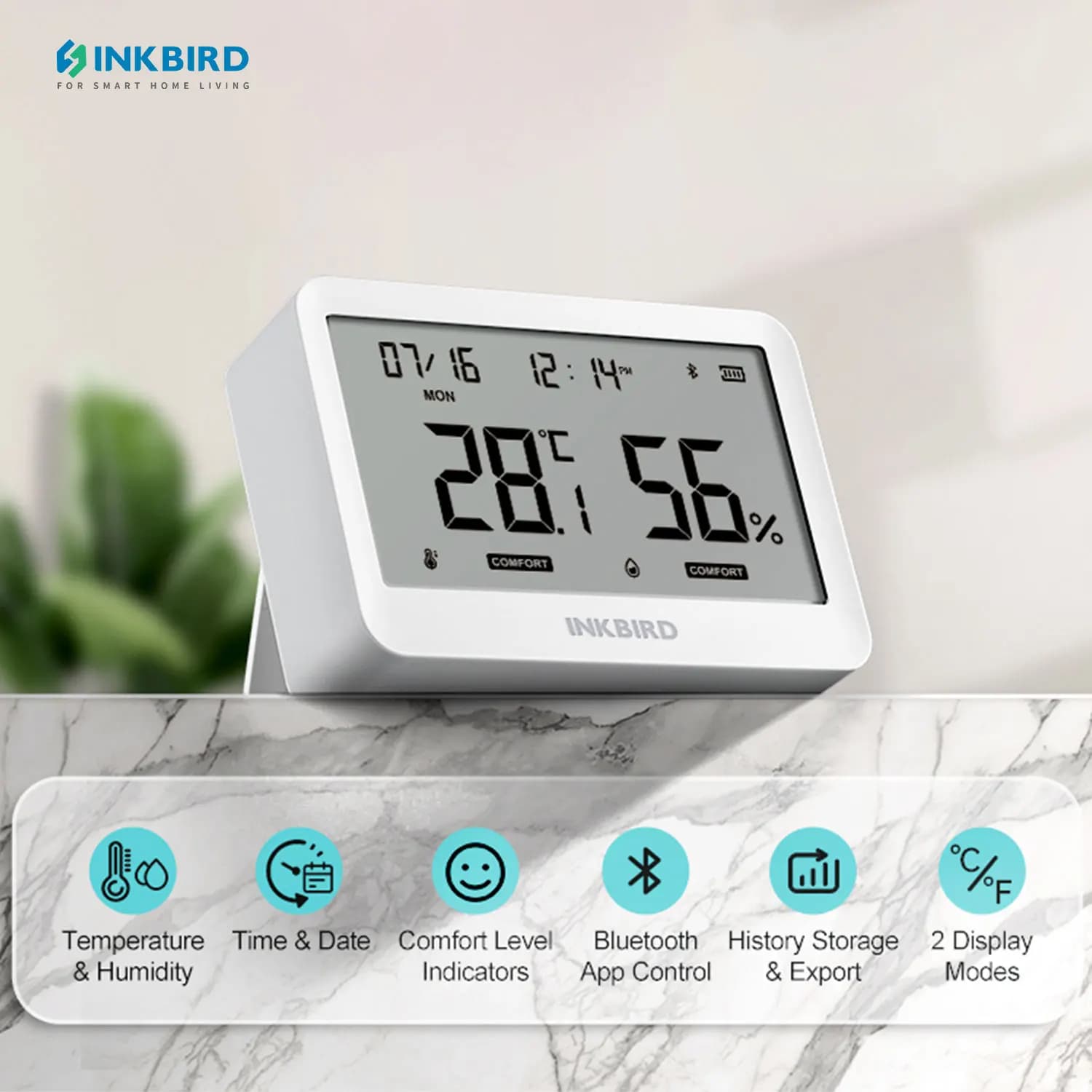 INKBIRD ITH-21-B intelligent thermometer 6-In-1 temperature and humidity monitoring Bluetooth for interiors for cars, office, Baby Room