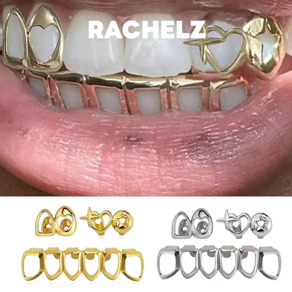 RACHELZ 3PCS/Set Hollowed Out Heart Star Teeth Grillz Hip Hop Glossy Cross Double Tooth Caps For Women Men Jewelry Cosplay
