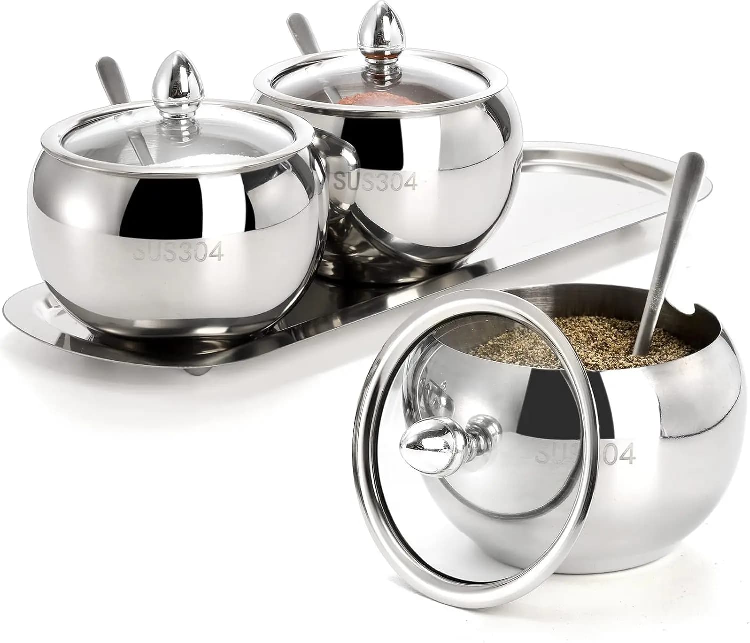 Set di 3 Contenitori per Spezie in Acciaio Inox con Coperchi, Cucchiai e Vassoio per Sale, Pepe, Zucchero e Spezie