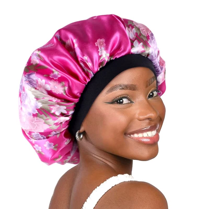 Cofano da donna in raso elastico a fascia larga con stampa floreale Cappello da notte per dormire Perdita di capelli Avvolgente per la testa Chemio Cura dei capelli Cuffia per il trucco della doccia