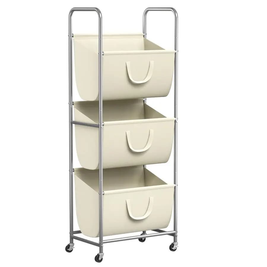 120L Vertical Whitery Basket with Removable Wheels and Bags, 3 Parts White Paper Basket with Wheels, 3 Level Space Saving Organizer