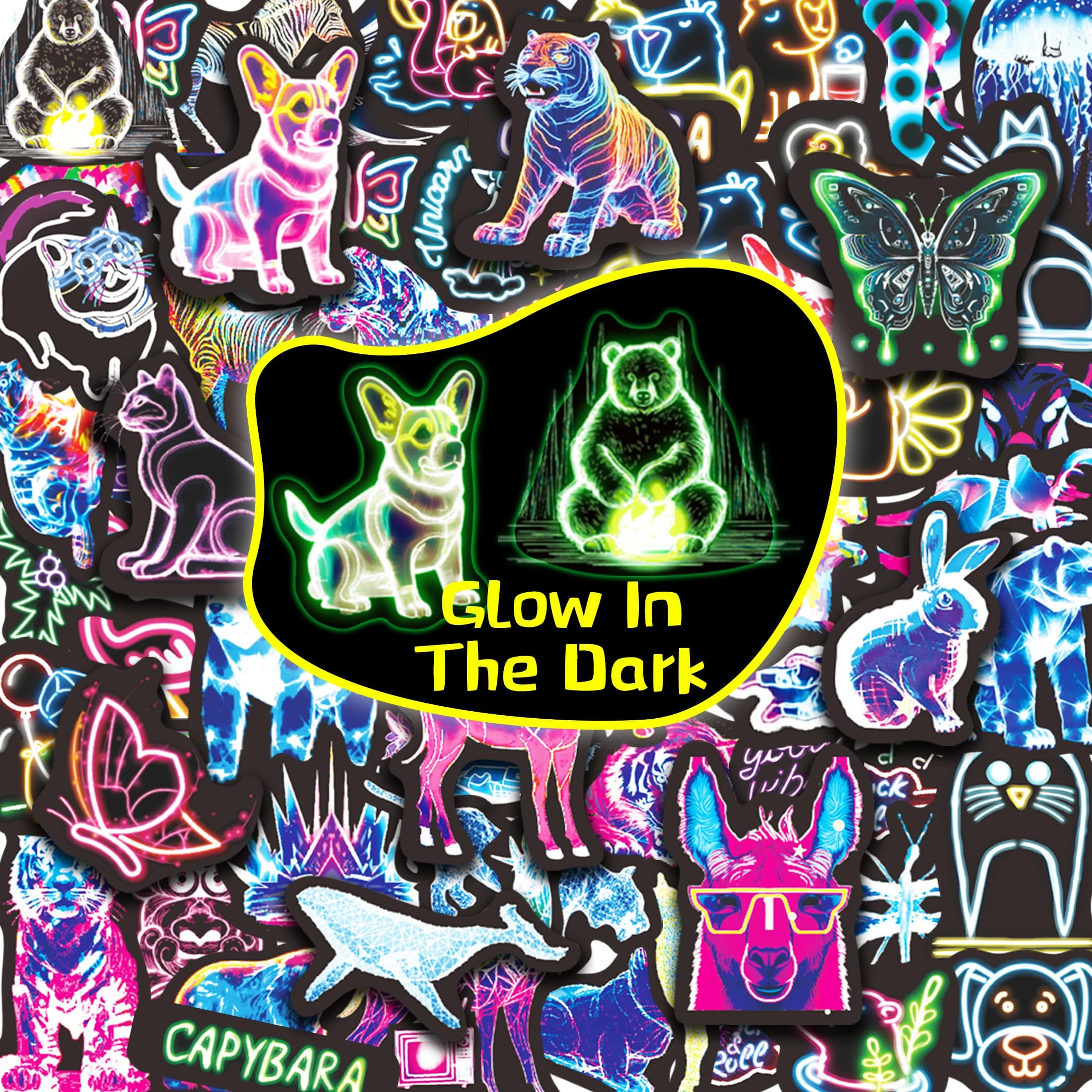 Adesivi per bottiglie d'acqua al Neon per bambini Glow in The Dark, confezione di adesivi impermeabili in vinile da 63 pezzi per custodia per telefono da Skateboard per Laptop