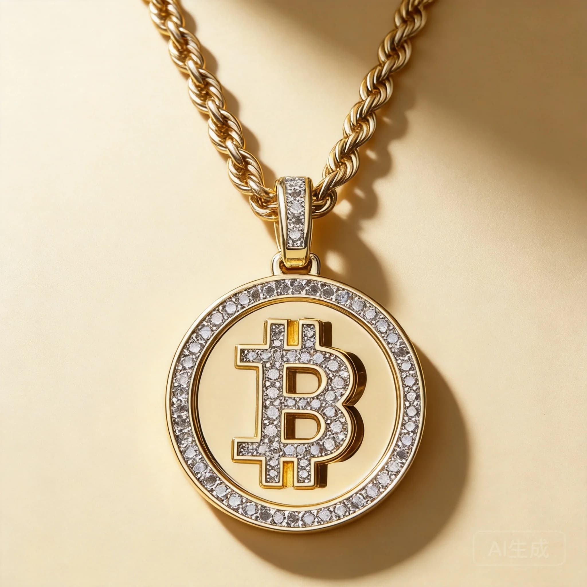 Chinese Style Lucky Wealth Attracting Gold Plated Micro Paved Cubic Zircon Bitcoin Pendant Mens Hip Hop Twist Rope Chain Necklac