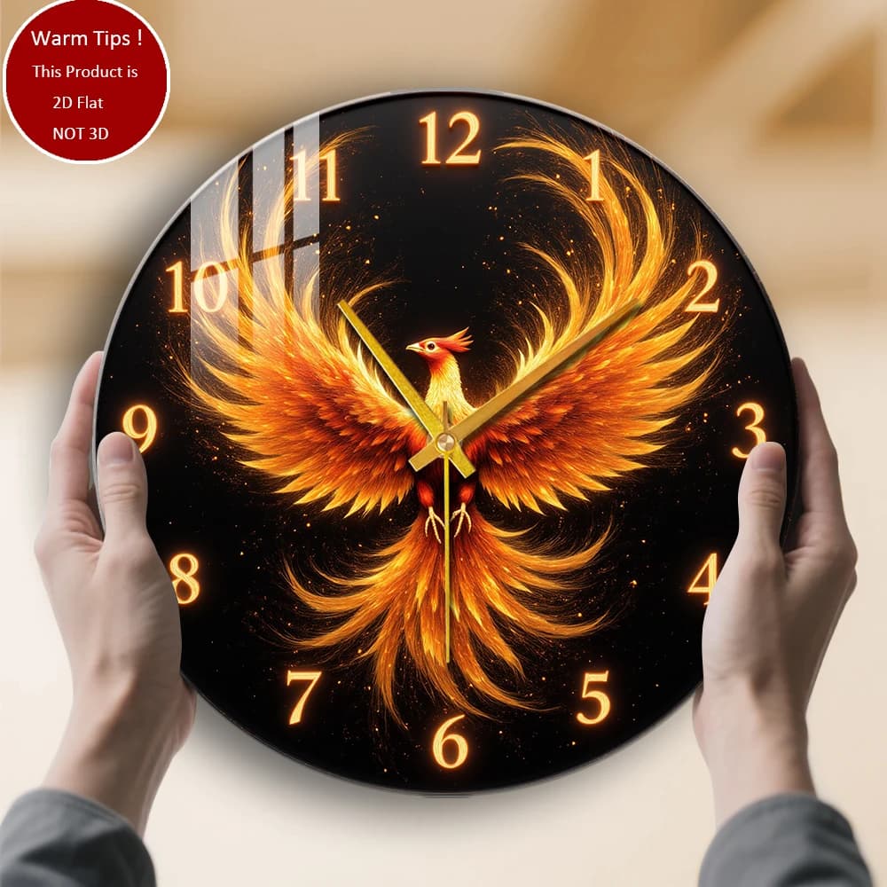 Tempered Glass Wall Clock Phoenix Design Fiery Suitable for Home or Table Room Wall Decoration Display anywhere