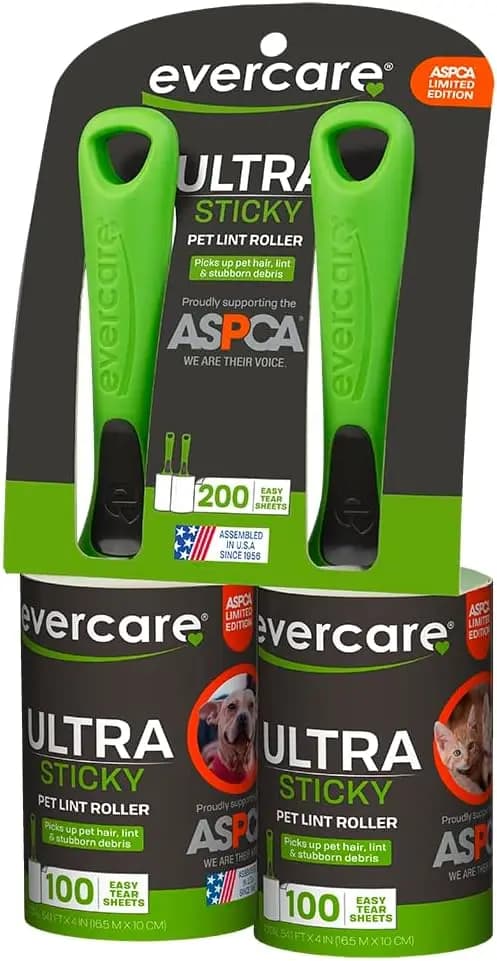 Ultra Sticky Lint Roller for Pet Hair, 2-Pack with 100 Sheets Each, Easy-Tear, Contoured Handle, for Furniture, Clothing & Cars