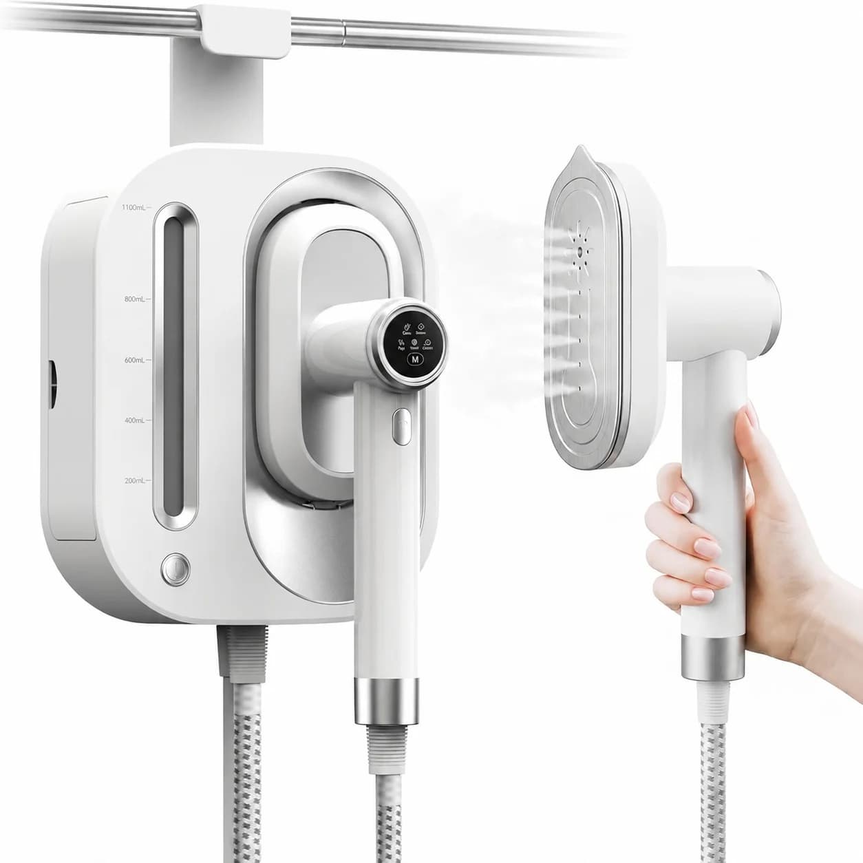 Steamer for Clothes 2 In 1 Portable Size 1550W 30s Fast Heat-Up 1100ml Detachable Tank Horizontal & Vertical Use for Clothes Drapes Bedding Professional Wrinkle Remover White