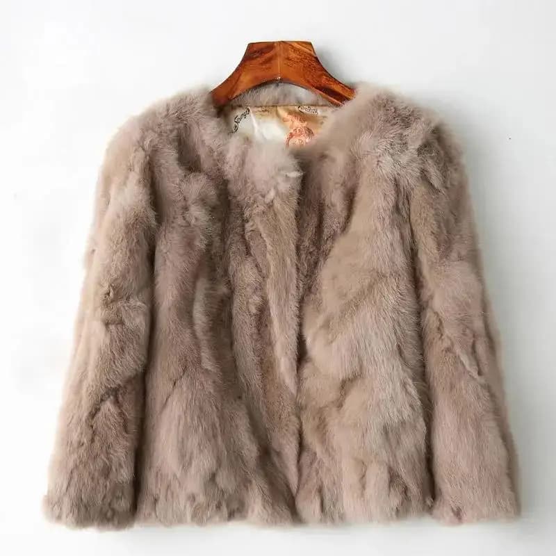 2025 Cappotto di pelliccia di coniglio reale delle nuove donne Cardigan a vita alta con colletto tondo Giacca di coniglio slim fit a maniche lunghe Cappotto di moda da donna