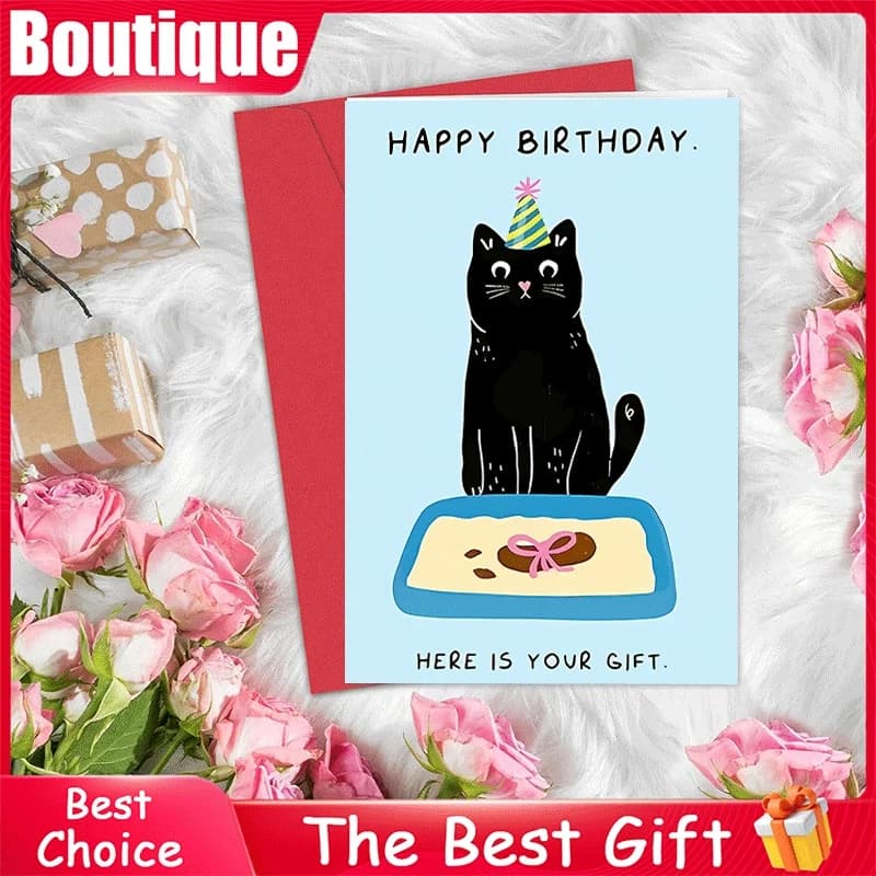 Biglietto di Auguri di Buon Compleanno con Gatto Nero Divertente, Design Originale a Tema Lettiera, Regalo Umoristico