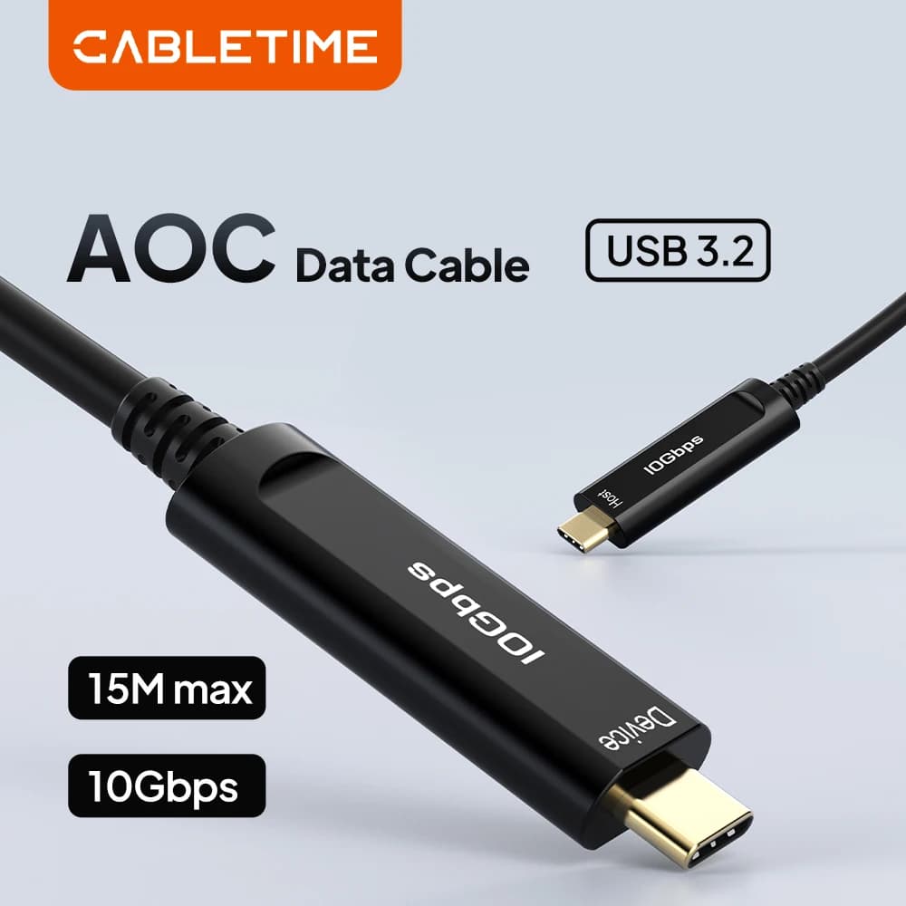 Cavo USB C CABLETIME 10Gbps AOC, Cavo Dati 5M/10M/15M USB 3.2 in Lega di Zinco, Cavo Lungo USB C in Fibra Ottica per Uso Medico