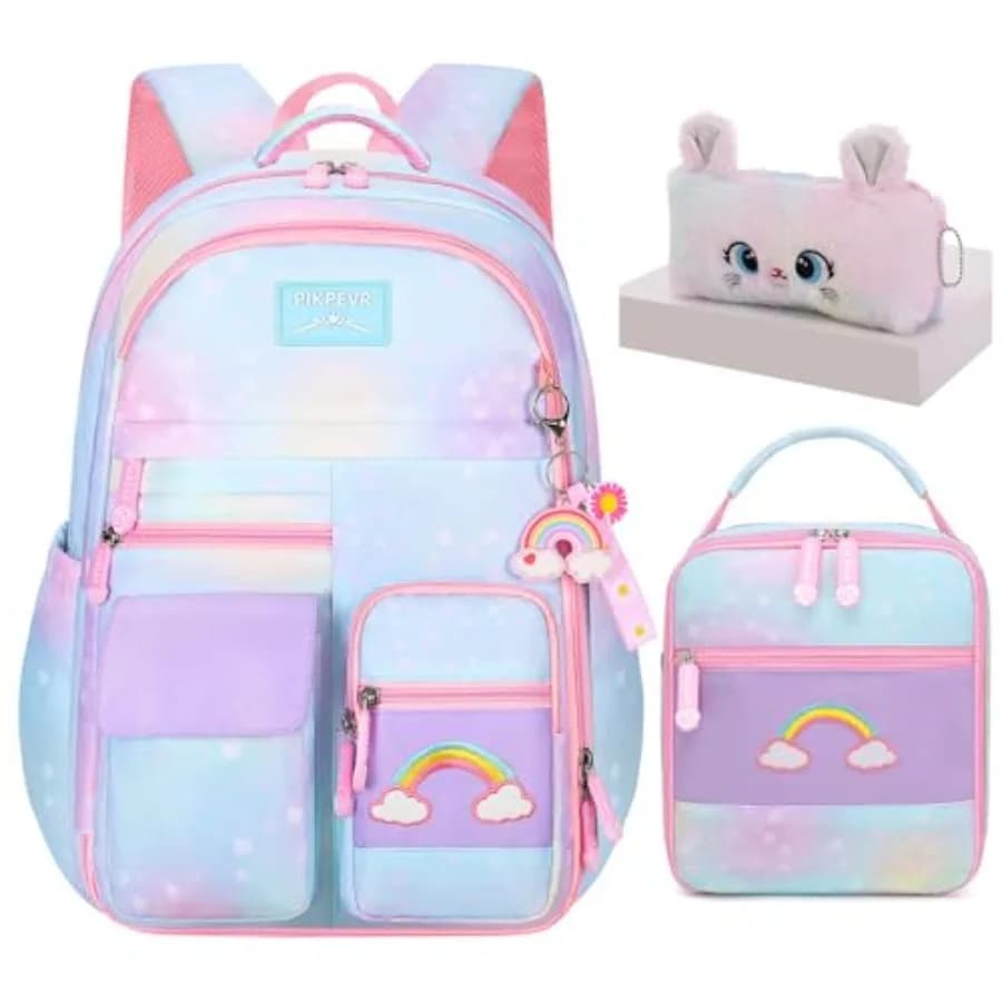 Zaino da 3 pezzi per ragazze, carino zaino scolastico arcobaleno con borsa per il pranzo e set di astucci da 17,5 pollici