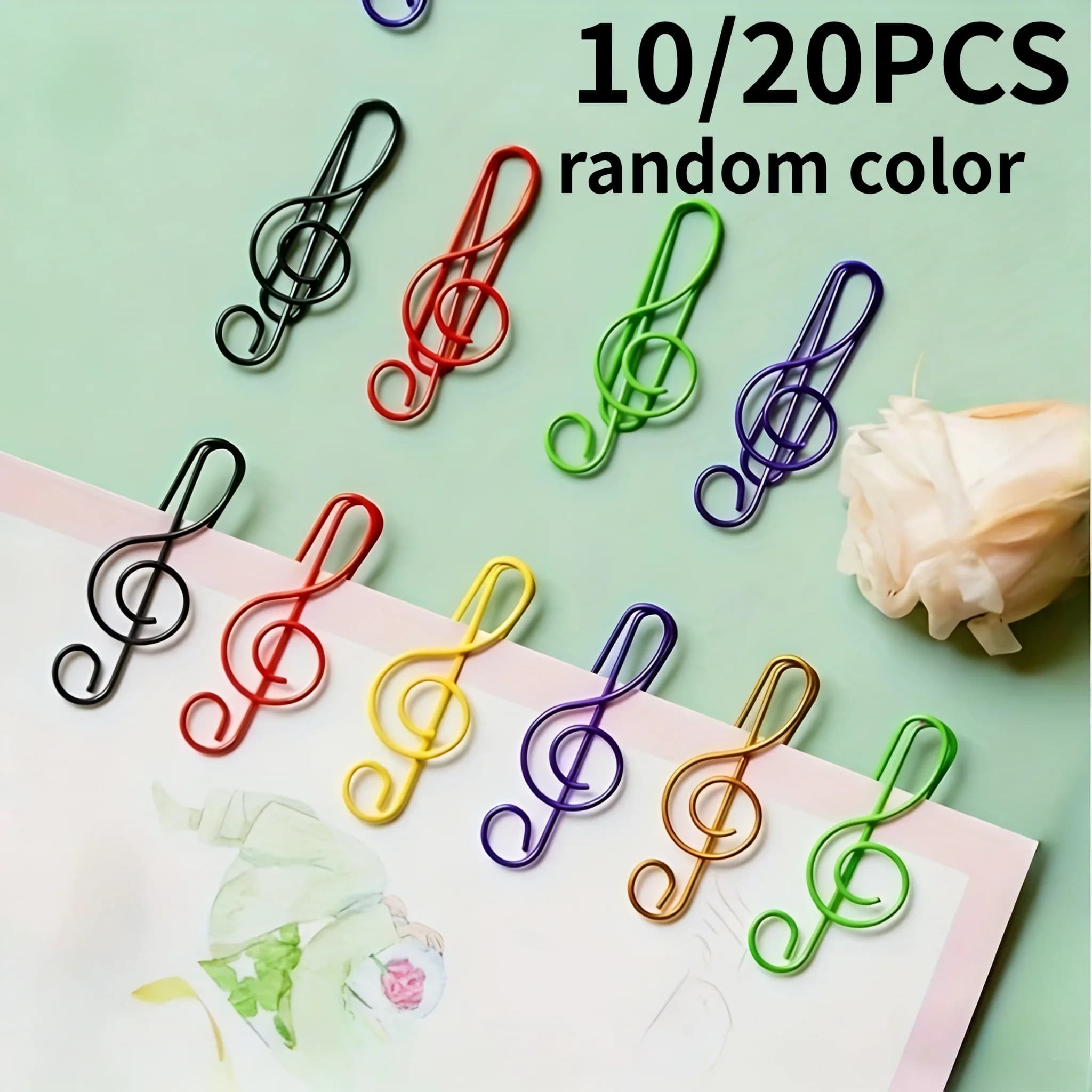 Clip per carta con nota musicale colorata da 10/20 pezzi | Colori assortiti, segnalibri a forma di nota musicale per organizzare documenti, cartella per la lettura