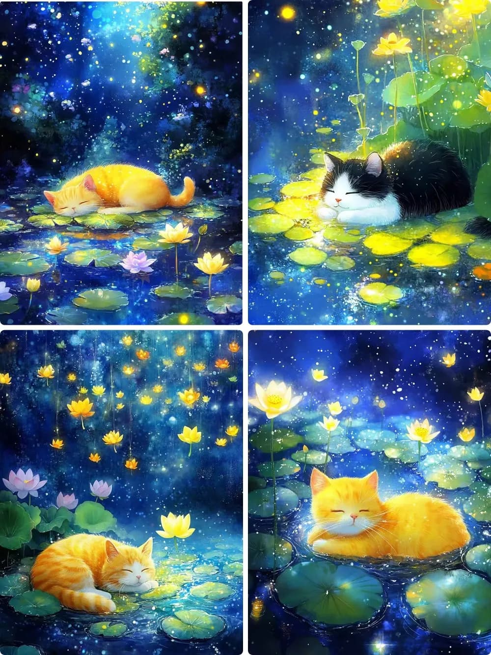 DIY Magical Night Lake Art Diamond, Orange Cat Sleeping On Glowing Lotus Leaf Starry Water Multi-Scene Home Wall Decor Gift