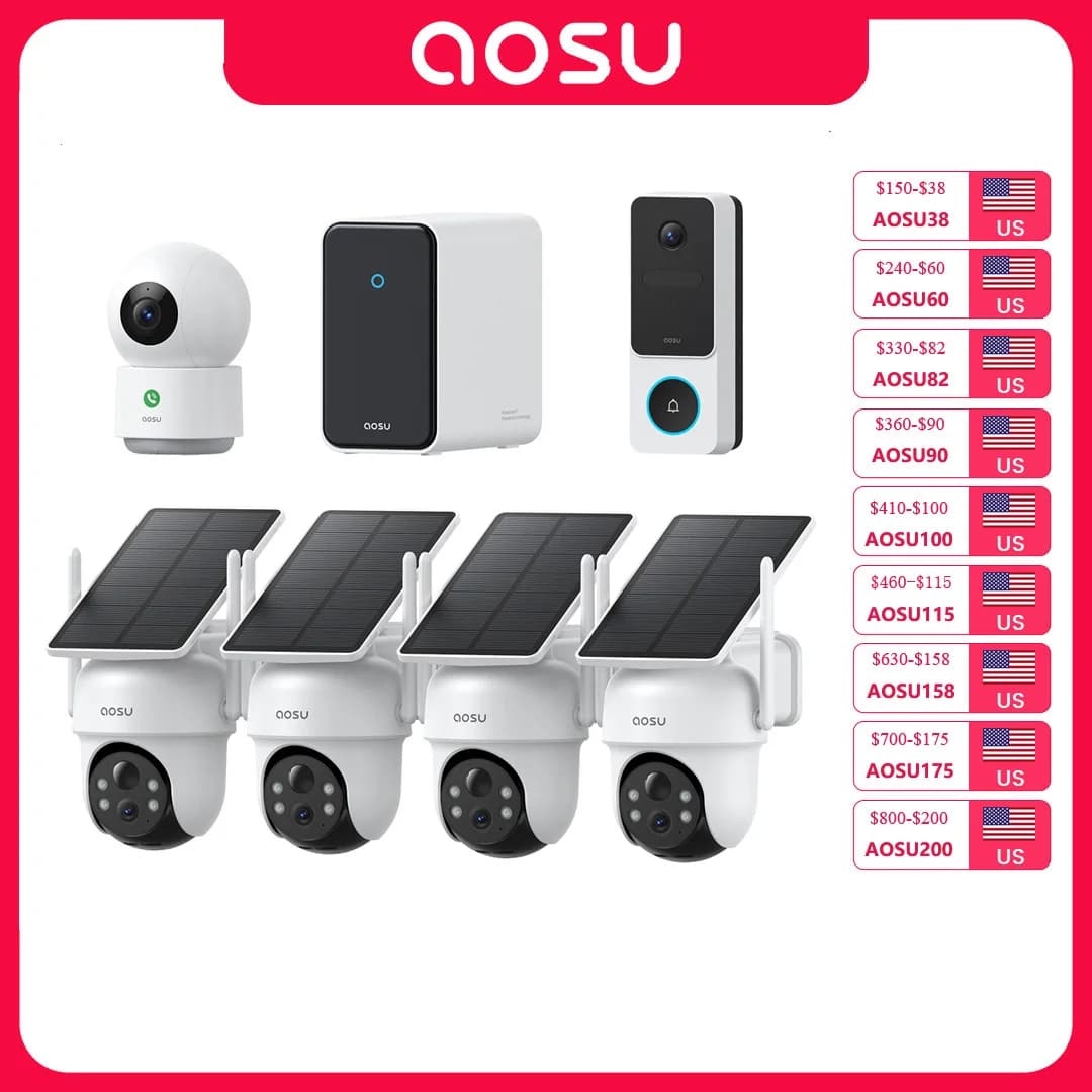 AOSU G11 3K Solar Camera System Outdoor Wireless Kit with 2K Video Doorbell and 3MP Indoor Camera 360° Protection AI Alerts