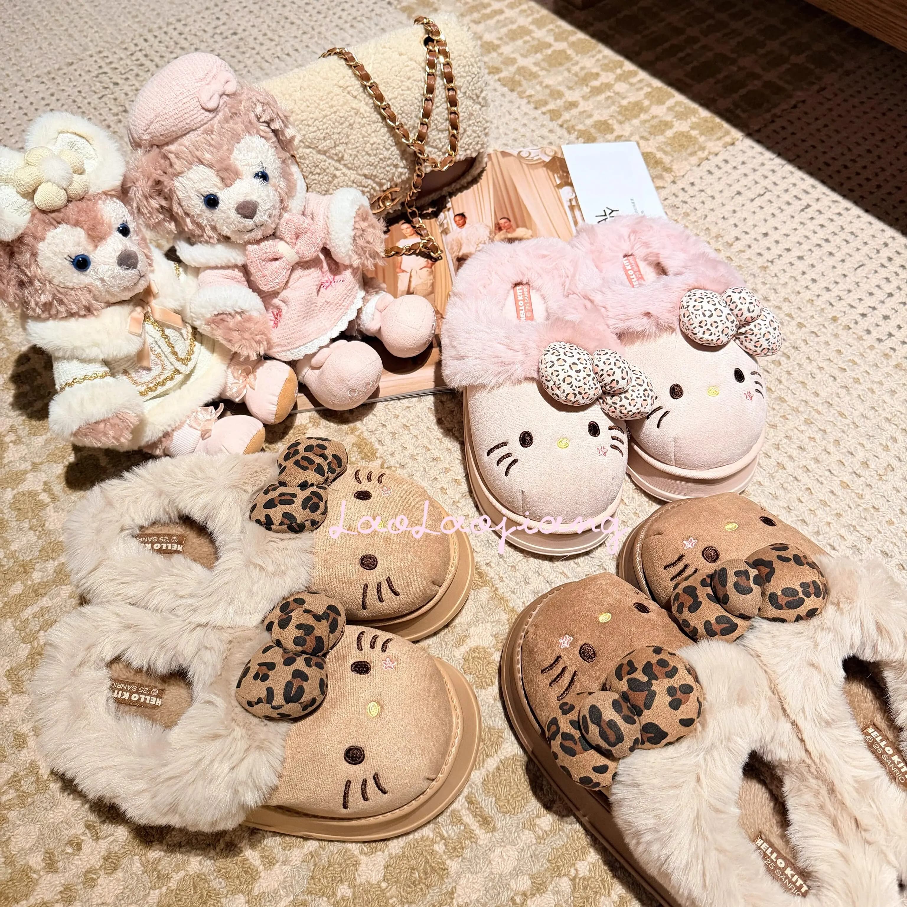 Kawaii Hello Kitty Leopard Fluffy Slippers Women Pink Faux Fur Lined Warm Slippers Non Slip Indoor Outdoor Casual Winter Shoes