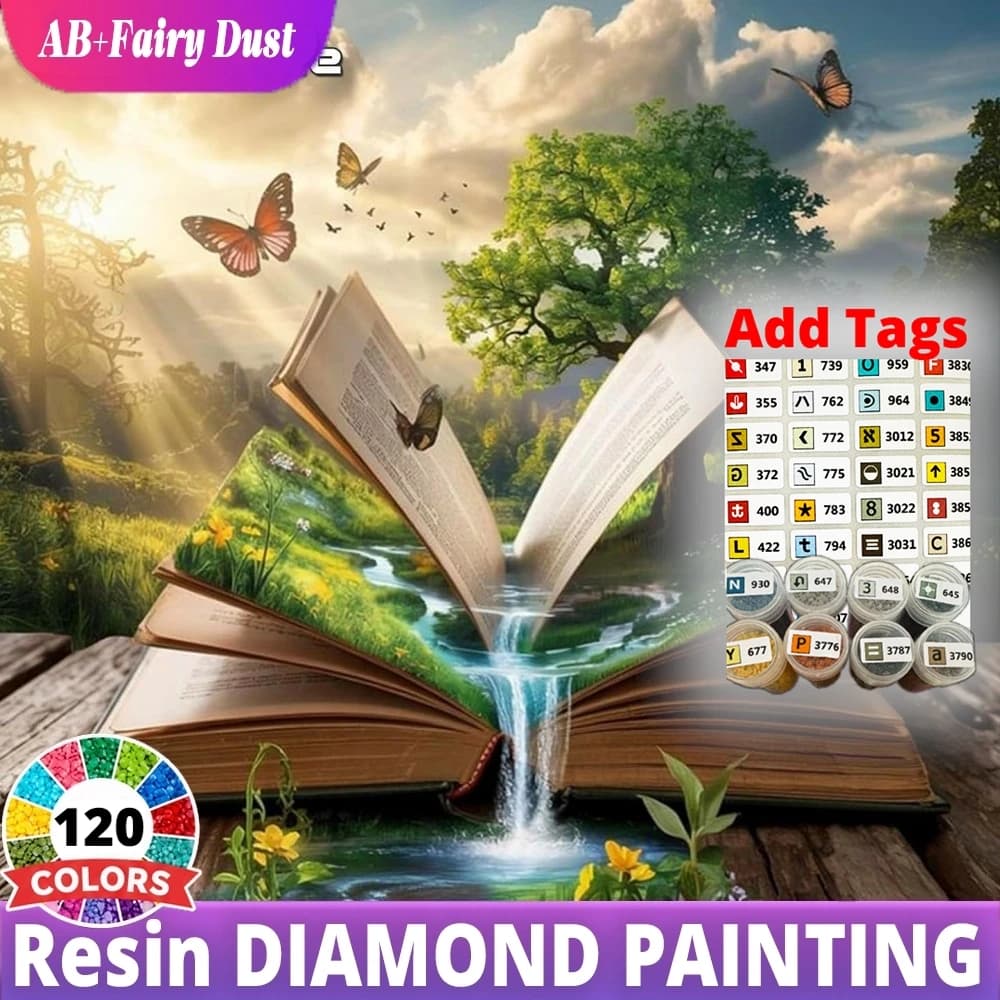 120 Color Resin Dreamy Open Book Waterfall Butterflies Fantasy AB Fairy Dust Diamond Mosaic Full Square Painting Home Decor