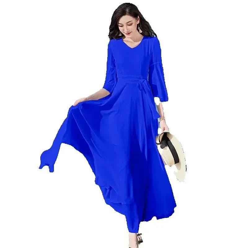2026 Nuovo Vestito In Chiffon Delle Donne di Estate di Colore Solido Con Scollo A V Stile Della Boemia Pendolo Vacanza Al Mare Spiaggia Abito Lungo Abiti Femminili