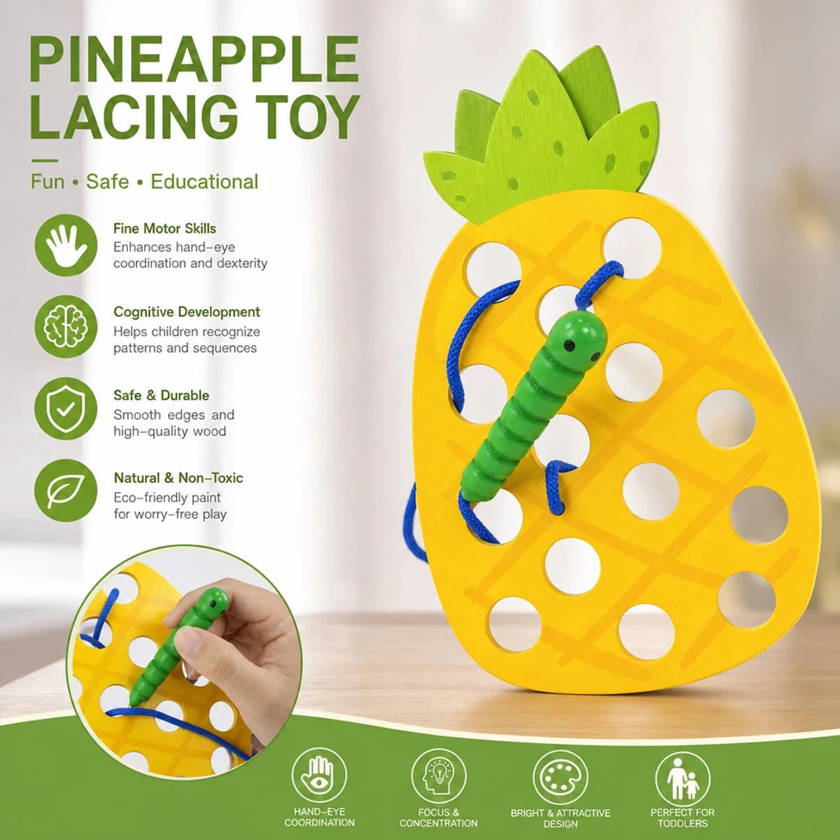 Wooden Lacing Pineapple Threading Toys Puzzle Travel Game Toys Early Learning Fine Motor Skills Montessori Educational for Baby