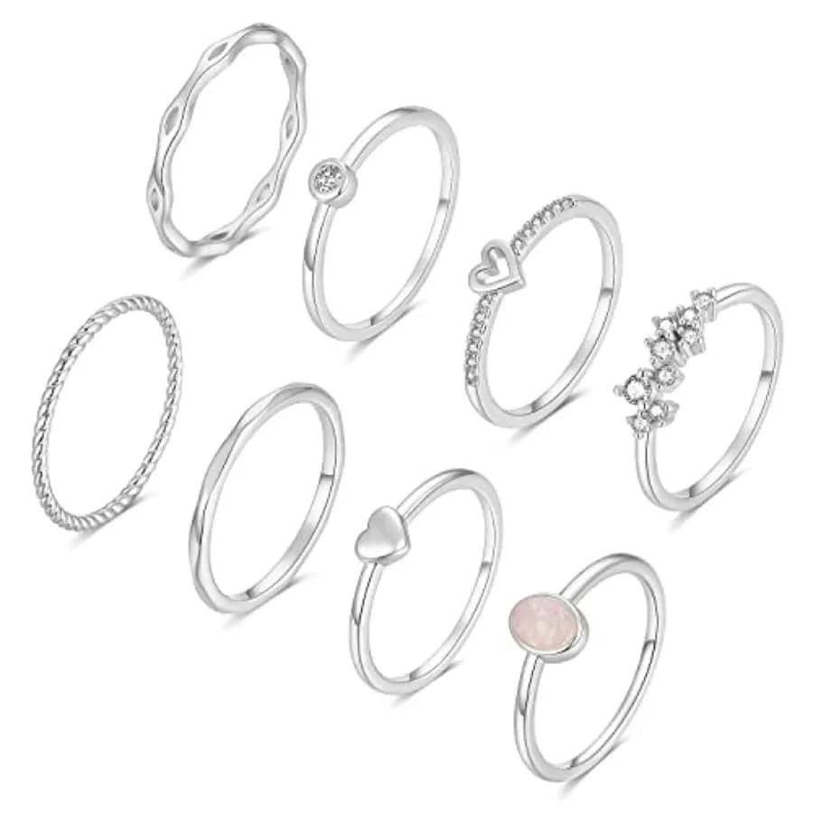 RLMOON Set di 8 Anelli da Donna in Oro 14K, Non si Ossida, Delicati, Impilabili, con Cuore e Zirconia Cubica, Misura 4