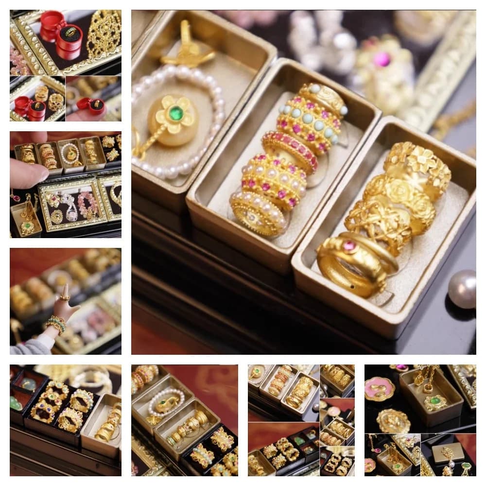 1:12 Doll House Accessories Jewelry Bracelet Ring Necklace Jewelry Box Western Dowry Chinese Ancient Wedding Scene Model