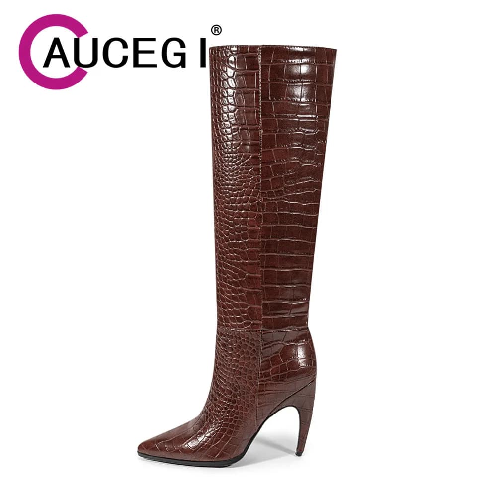 Aucegi Qulaity Stivali alti al ginocchio in pelle PU Punta a punta da donna Tacco sottile Autunno Nuovo design di lusso Slip On Scarpe eleganti da festa