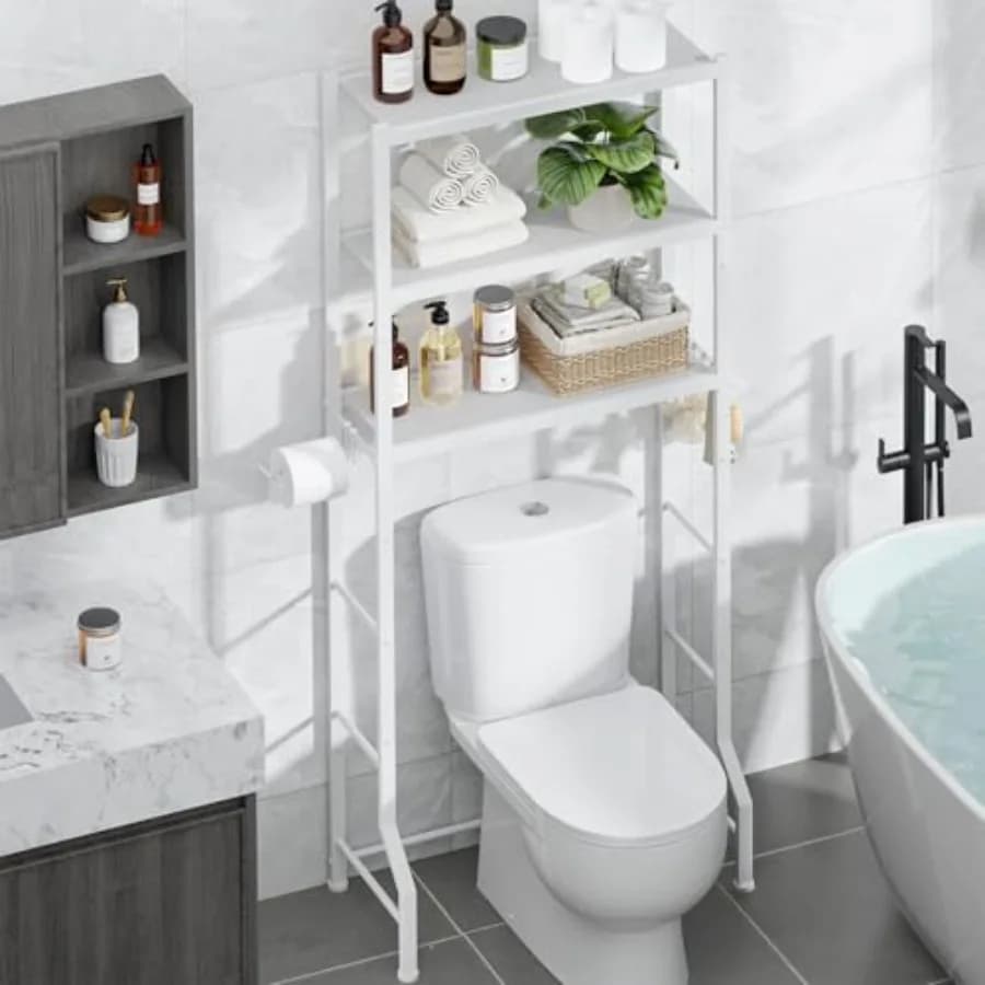 Scaffale portaoggetti da bagno a 3 livelli bianco autoportante da posizionare sopra il WC con porta carta igienica e ganci per l'organizzazione dell'area WC