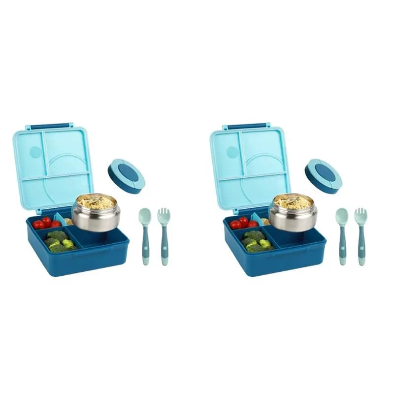 HIM-2X Lunch Box Bento per Bambini con Contenitori Termici da 8Oz, Contenitori per Alimenti a Prova di Perdite con 4 Scomparti per Scuola e Viaggi, Blu