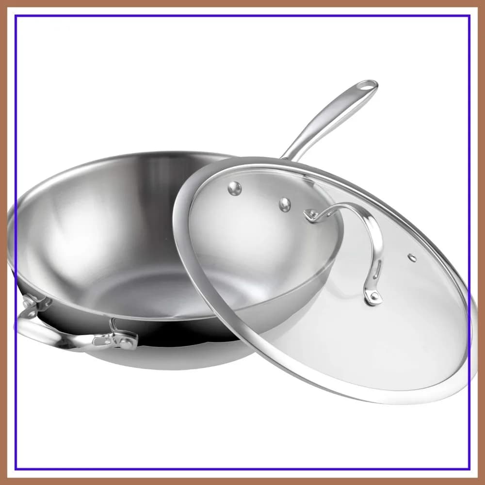 Wok in Acciaio Inossidabile da 12 Pollici, Padella Multi-Strato per Stir-Fry con Coperchio in Vetro, Adatta per Cucina a Induzione