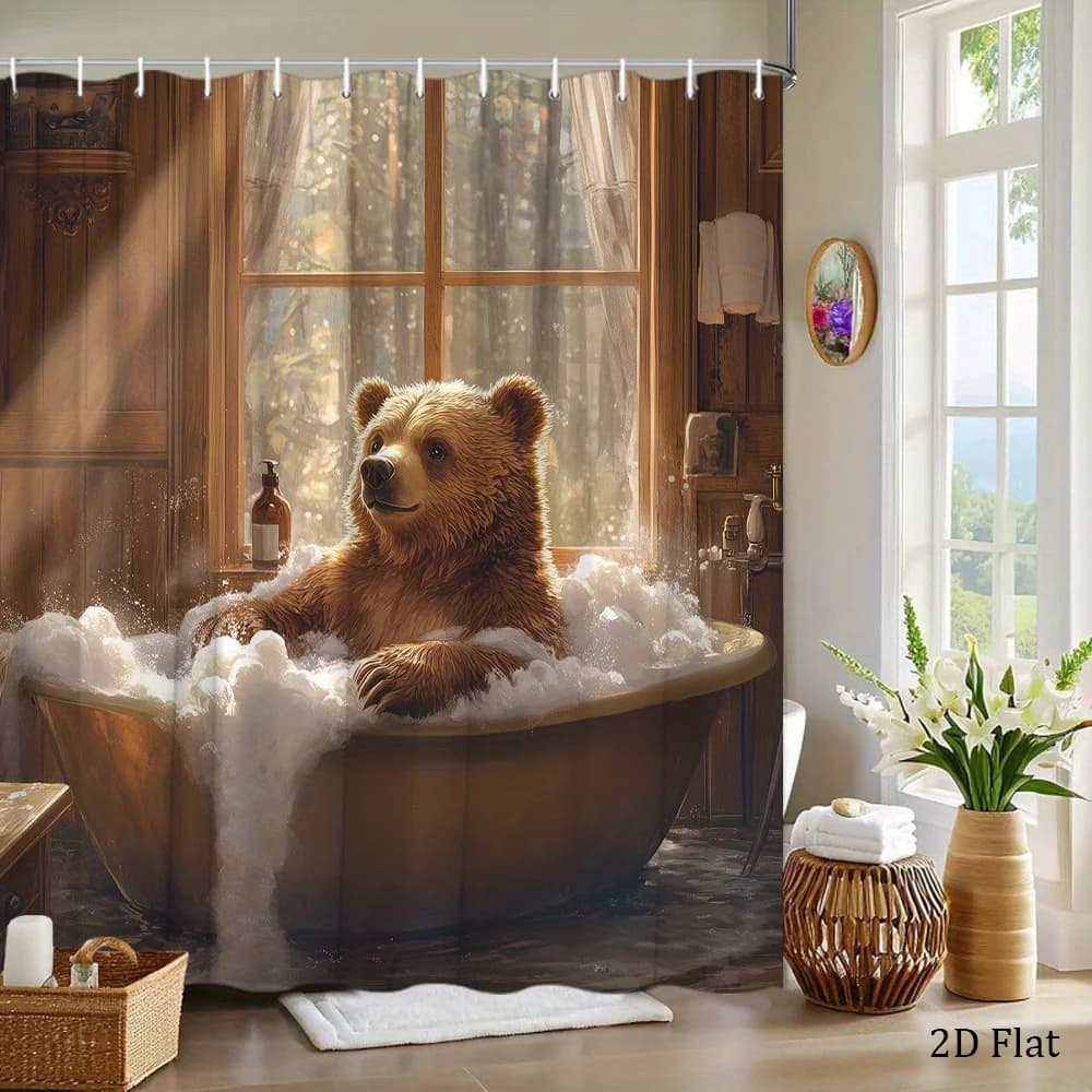 Tenda da doccia con orsetto che fa il bagno in una vasca, decorazione per il bagno, tende per la casa a tema natura